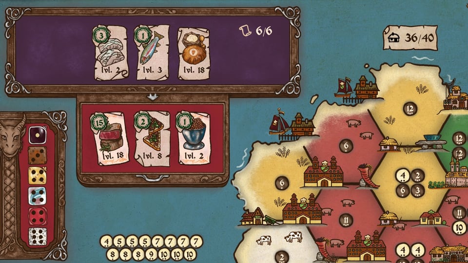 Feed the Scorchpot recipe cards, dice tray and board screenshot